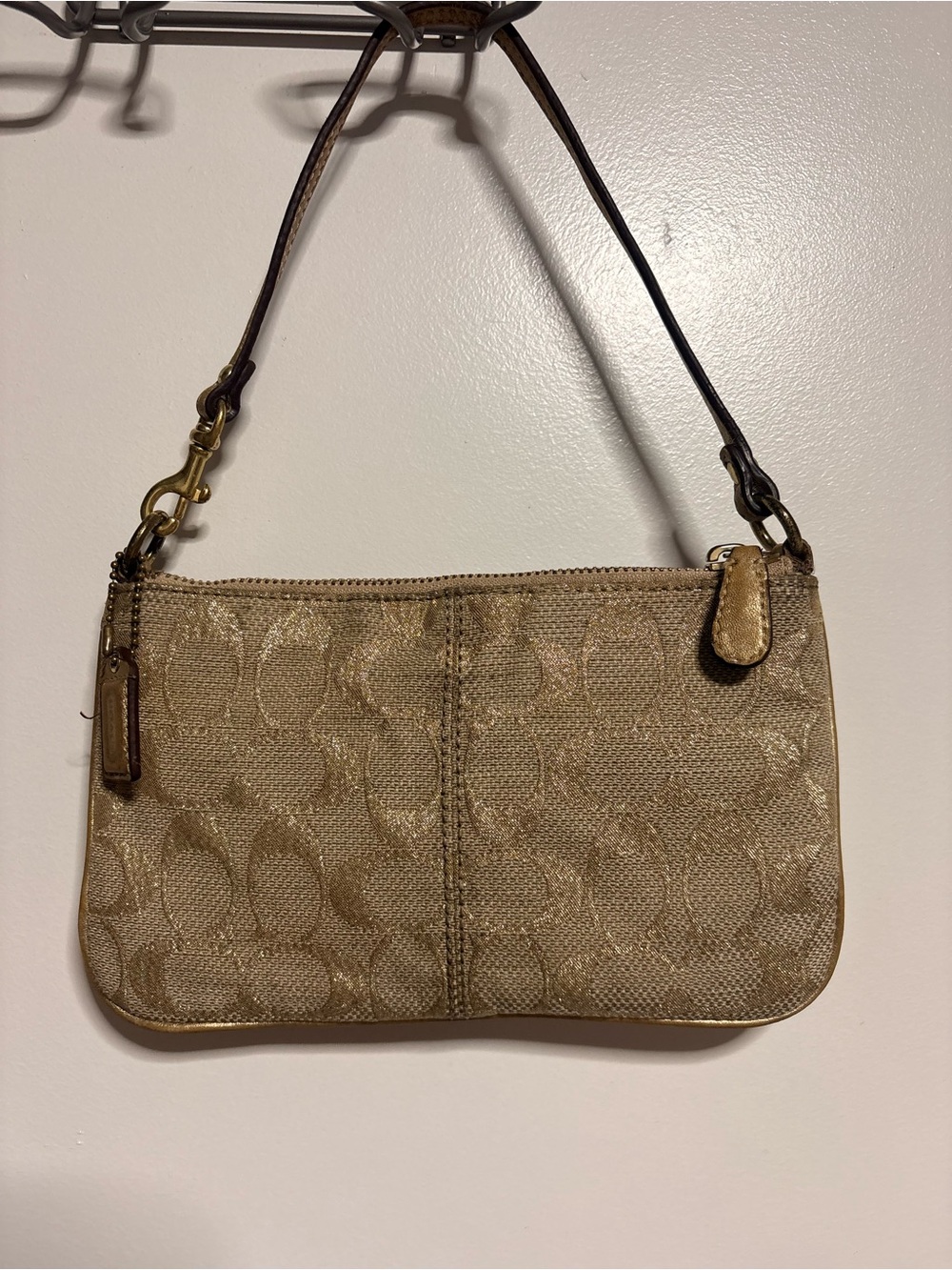 Coach Metallic Gold Signature Canvas Wristlet with Leather Trim - Picture 2 of 8